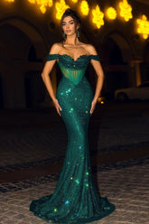 Sequins Dark Green Off the Shoulder Long Mermaid Formal Dress Gown