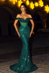 Sequins Dark Green Off the Shoulder Long Mermaid Formal Dress Gown