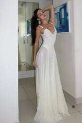 Spaghetti Strap V Neck Sleeveless Long Formal Dress With Pleated