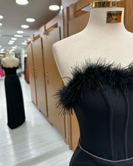 Mermaid Formal Dress Long Black Feather Sequins Sleeveless Strapless