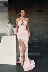 Halter Sleeveless Long Mermaid Formal Dress With Split Sequins