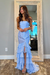 Strapless Sleeveless Mermaid Split Long Formal Dress With Ruffles