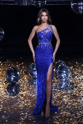 One Shoulder Sleeveless Appliques Front Split Long Formal Dress With Feather