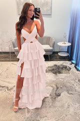 Spaghetti Strap Sleeveless Long Split Formal Dress With Ruffles