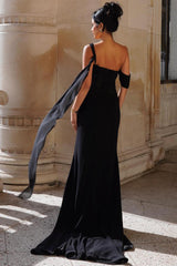 Black One Shoulder Sleeveless Split Mermaid Long Ruffles Formal Dress