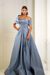 Off the Shoulder Sleeveless Long Formal Dress With Pleated Beading
