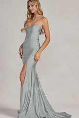 Strapless Sleeveless Long Mermaid Formal Dress With Split Pleated