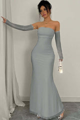 Strapless Long Mermaid Formal Dress With Detachable Sleeves Pleated