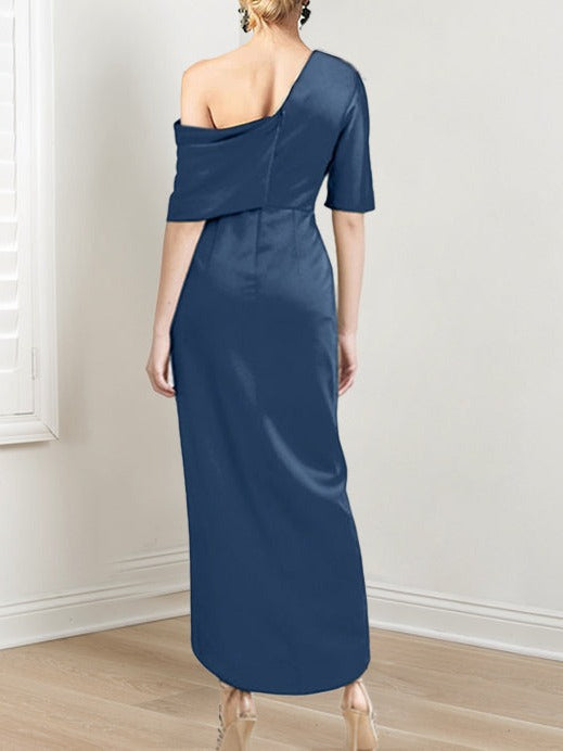Sheath Column One Shoulder Short Sleeves Asymmetrical Mother Of The Bride Dresses With Ruffles