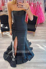 Strapless Sleeveless Long Front Split Formal Dress With Ruffles