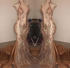 Elegant Deep V Neck Sequins Sleeveless Halter Mermaid Formal Dress With Appliques