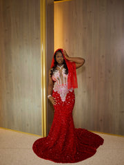 Gorgeous Long Red Mermaid Sequined Sleeveless Prom Dress with Veil