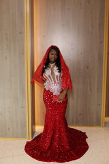 Gorgeous Long Red Mermaid Sequined Sleeveless Prom Dress with Veil
