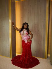 Gorgeous Long Red Mermaid Sequined Sleeveless Prom Dress with Veil