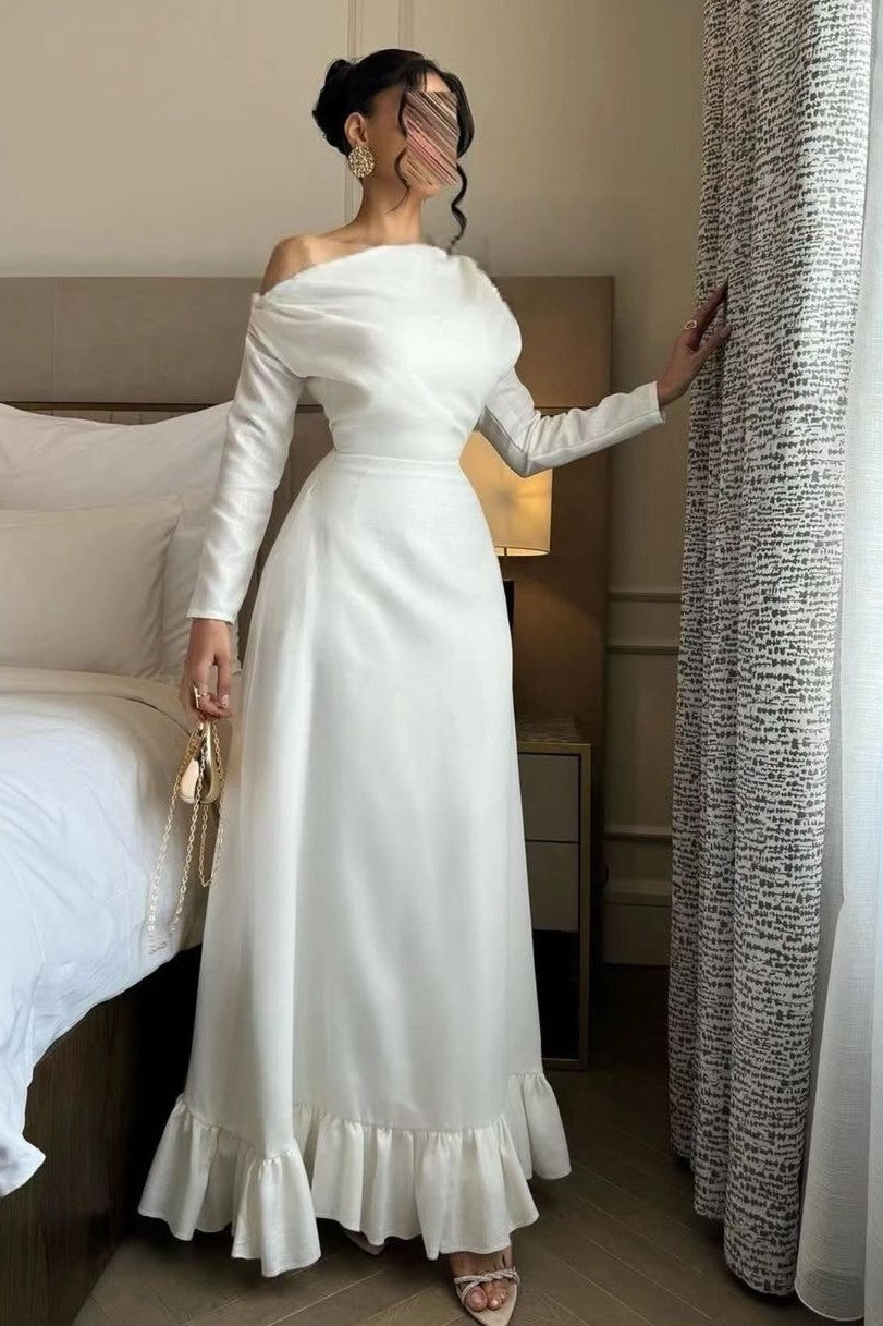 White Off the Shoulder Long Sleeves Long Formal Dress With Ruffles