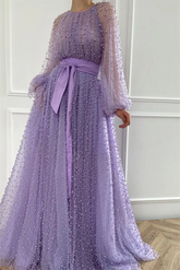 Long Sleeves Long Jewel Neck Formal Dress With Pleated Beading