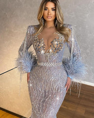 Long Sleeves Mermaid Beaded Tassels Long Formal Dress With Feathers