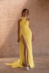 Halter Sleeveless Long Mermaid Formal Dress With High Split Pleated