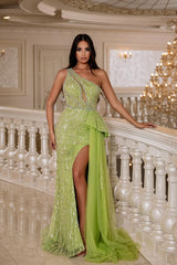 Beautiful Long Green One Shoulder Lace Beaded Sleeveless Prom Dress with Slit