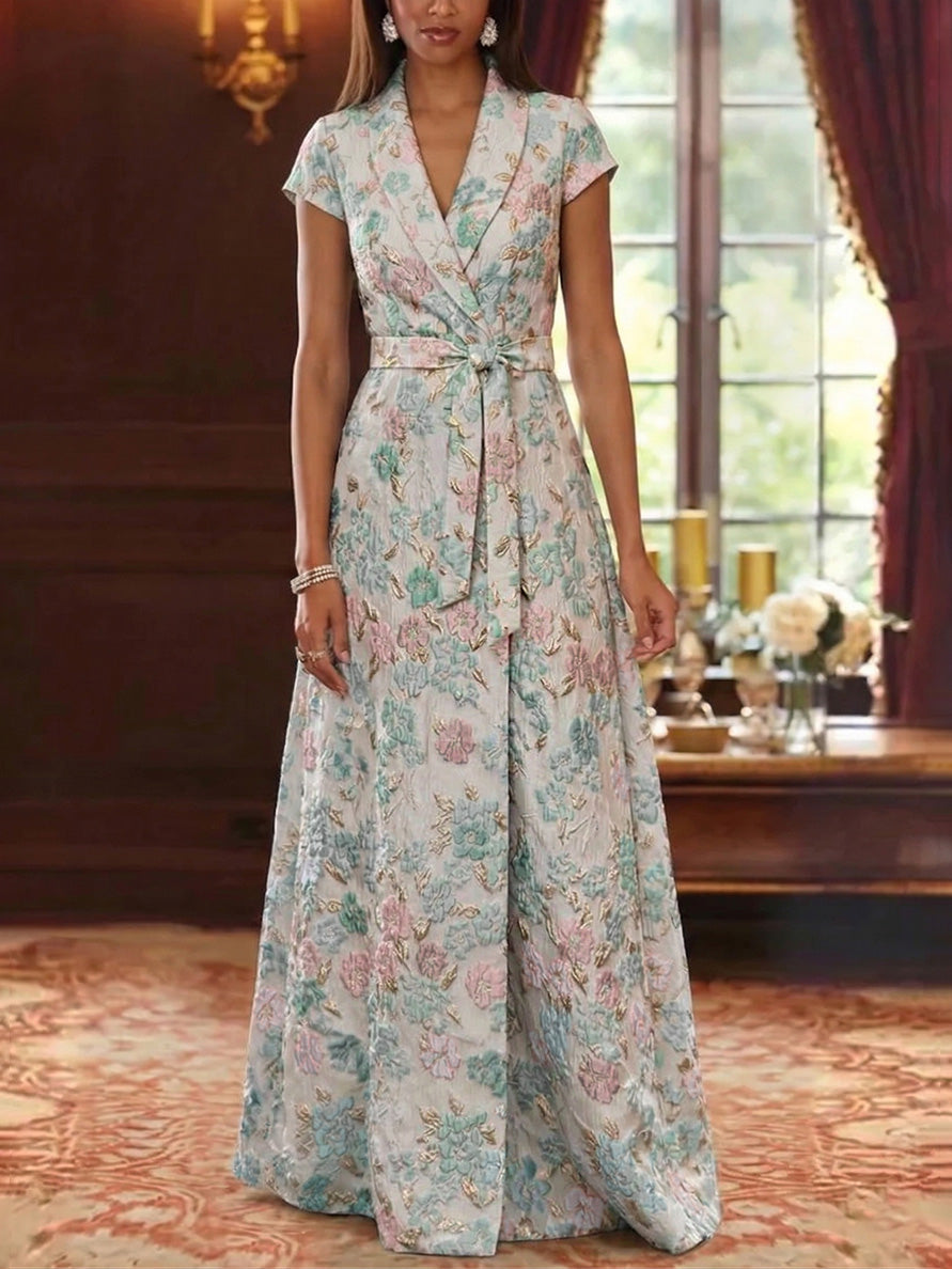 A Line Princess V Neck Jacquard Mother Of The Bride Dresses Floral Floor Length Short Sleeves Belt