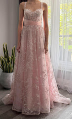 Blush Pink Glitter Lace A-Line Prom Dress Sweetheart Illusion Boned Corset Pearl Straps Satin Bow Belt Sweep Train Ball Gown