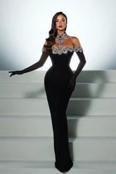 Halter Off the Shoulder Long Sleeves Long Mermaid Formal Dress With Beading