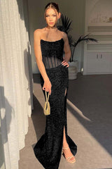 Strapless Sleeveless Mermaid Long Split Formal Dress With Sequins