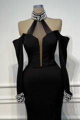 Halter Off the Shoulder Long Sleeves Mermaid Long Formal Dress With Beading