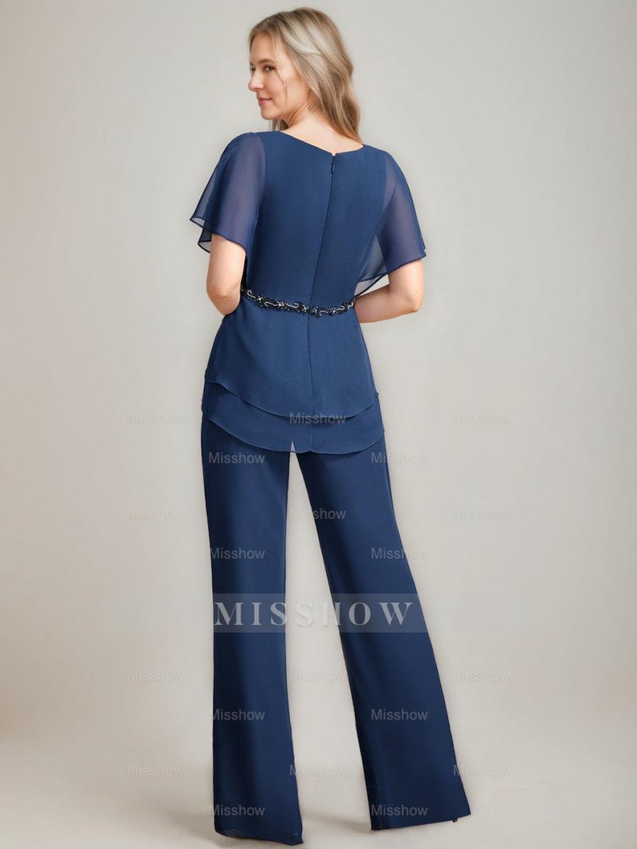 2 Mother of the Bride Pantsuits with V-Neck Ruched Detail Flutter Sleeves and Floor-Length Beading
