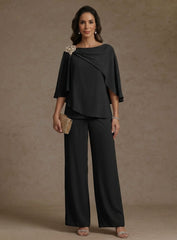 2 Piece Boat Neck Chiffon Mother of the Bride Pantsuits Cape Sleeves Ankle-Length Rhinestone