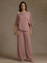 2 Piece Boat Neck Chiffon Mother of the Bride Pantsuits Cape Sleeves Ankle-Length Rhinestone
