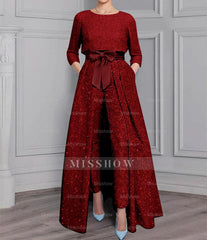 2-Piece Long-Sleeve Mother of the Bride Pantsuit with Sash and Sequins
