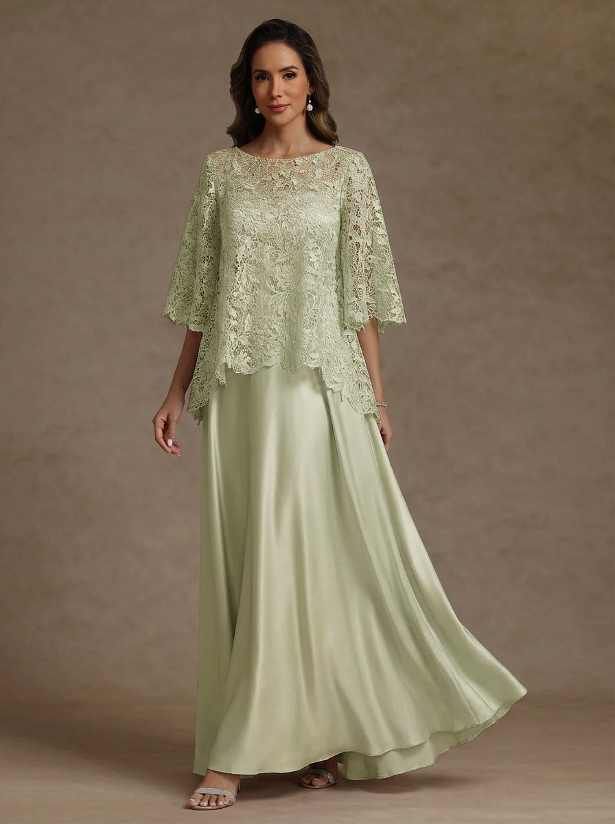 2 Pieces A-Line/Princess Silk Satin Scoop Mother ofthe Bride Dresses Lace Floor Length Short Sleeves