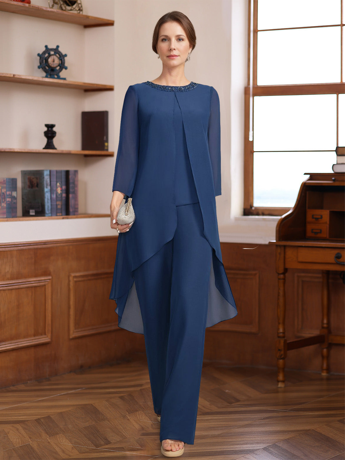 mother of the bride dresses pant suits 2 Pieces Scoop 3/4 Sleeves Floor-Length Mother of the Bride Pantsuits with Sequins & Beads, Royal Blue