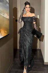 Black Lace Strapless Pleated Split Long Formal Dress With Long Gloves