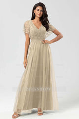 Tulle Short Sleeves V Neck A Line Long Formal Dress With Appliques