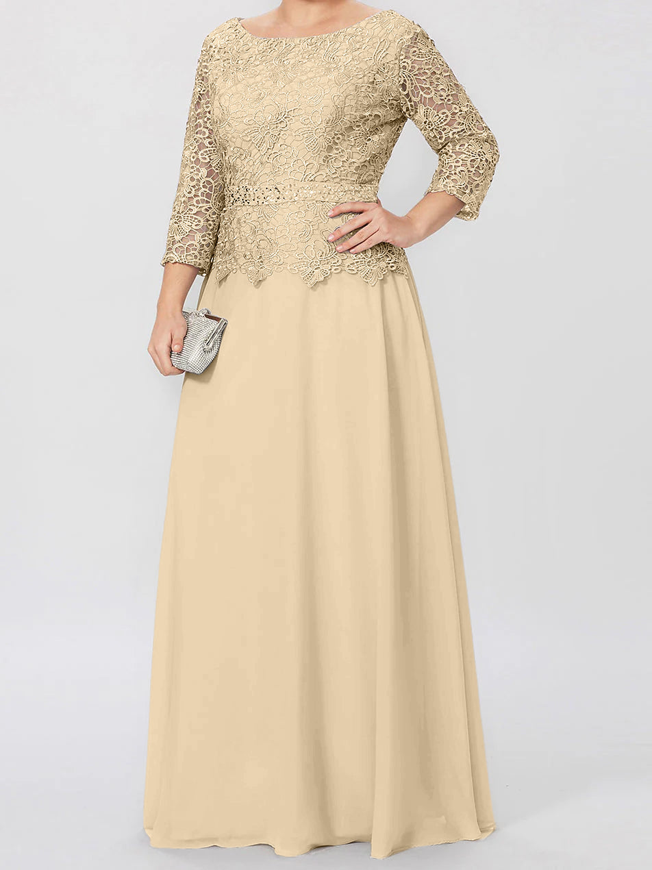 A Line Princess Round Neck 3 4 Length Sleeves Floor Length Mother Of The Bride Dresses With Applique Sequins
