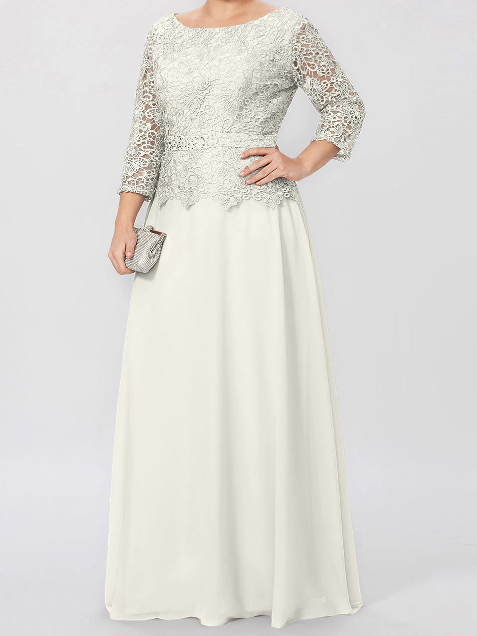 A Line Princess Round Neck 3 4 Length Sleeves Floor Length Mother Of The Bride Dresses With Applique Sequins