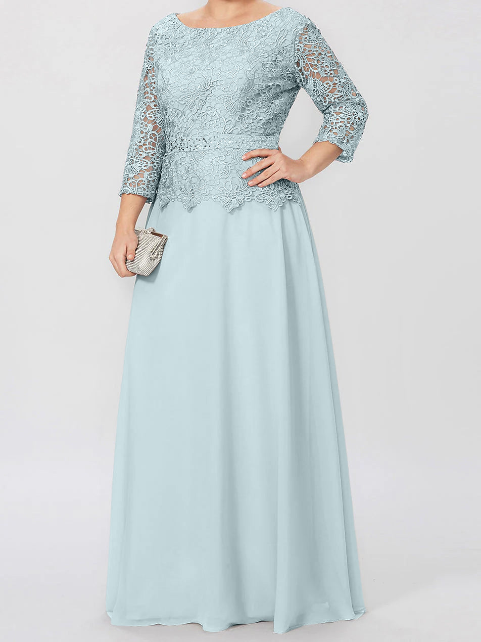 A Line Princess Round Neck 3 4 Length Sleeves Floor Length Mother Of The Bride Dresses With Applique Sequins