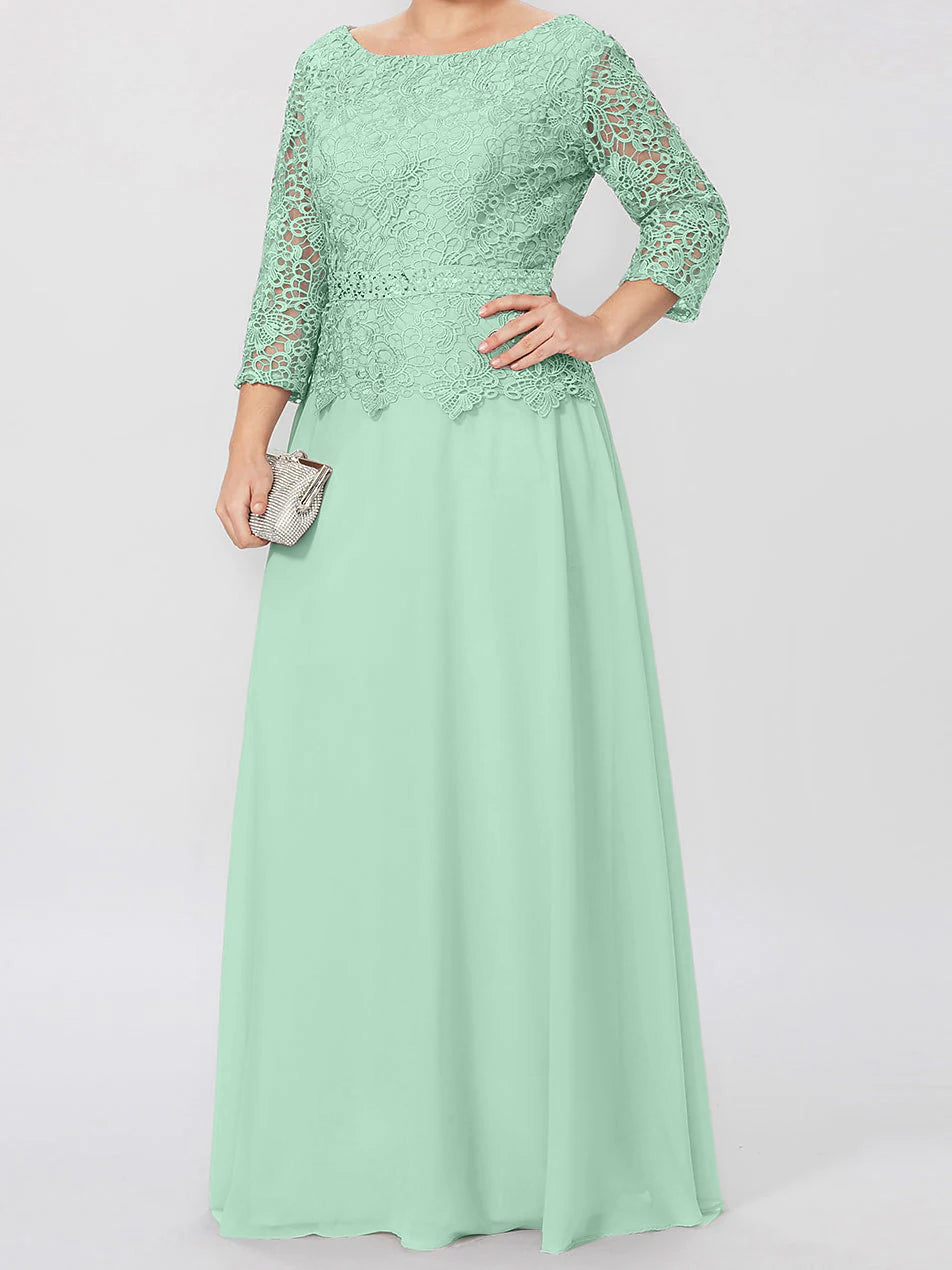 A Line Princess Round Neck 3 4 Length Sleeves Floor Length Mother Of The Bride Dresses With Applique Sequins