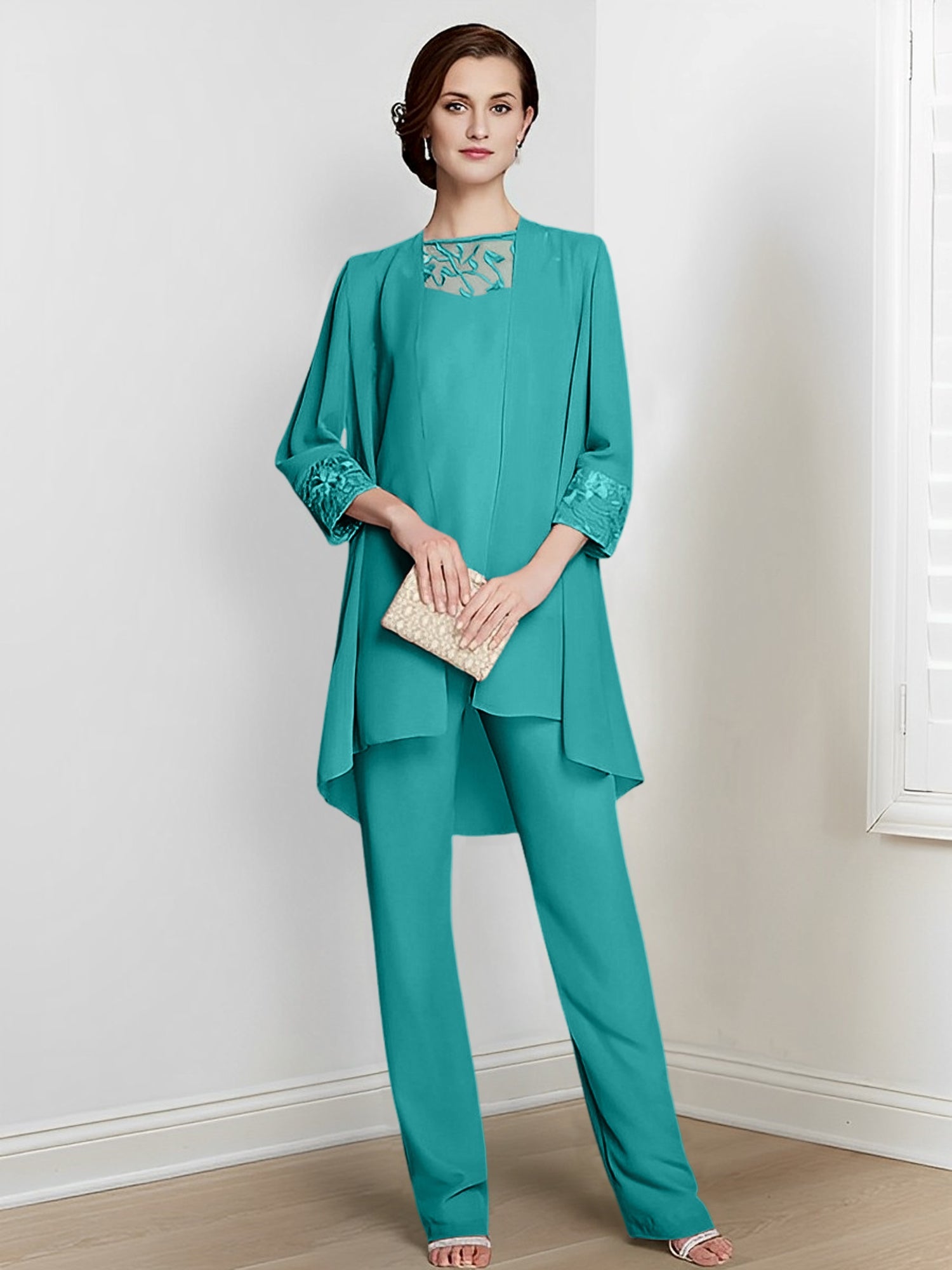 Chiffon Square Neck Long Sleeves Floor Length Mother Of The Bride Pantsuits With Jacket