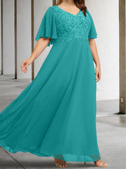 A Line Princess V Neck Half Sleeves Floor Length Mother Of The Bride Dresses With Applique