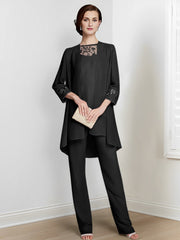 Chiffon Square Neck Long Sleeves Floor Length Mother Of The Bride Pantsuits With Jacket