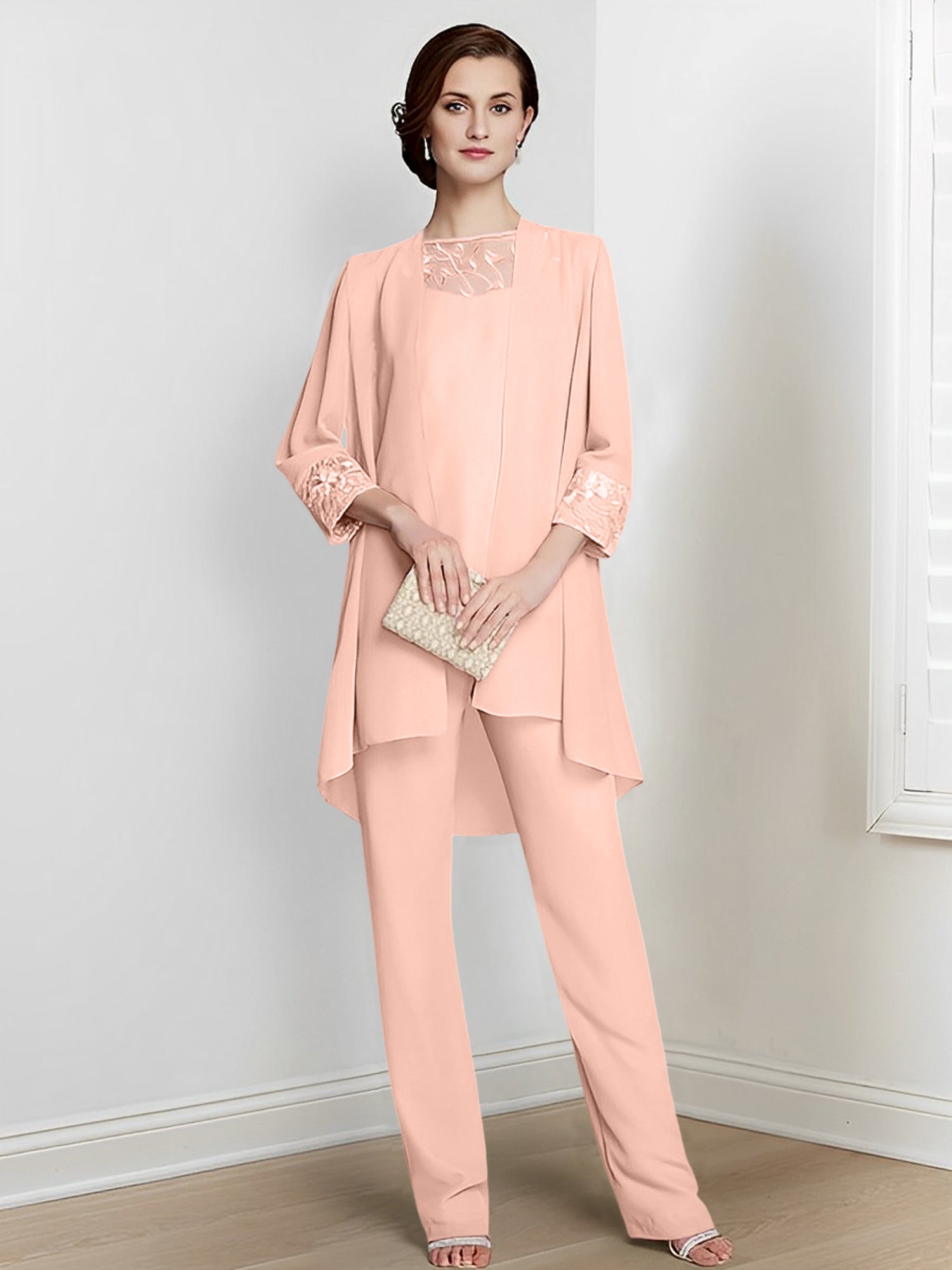 Chiffon Square Neck Long Sleeves Floor Length Mother Of The Bride Pantsuits With Jacket