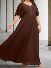 A Line Princess V Neck Half Sleeves Floor Length Mother Of The Bride Dresses With Applique