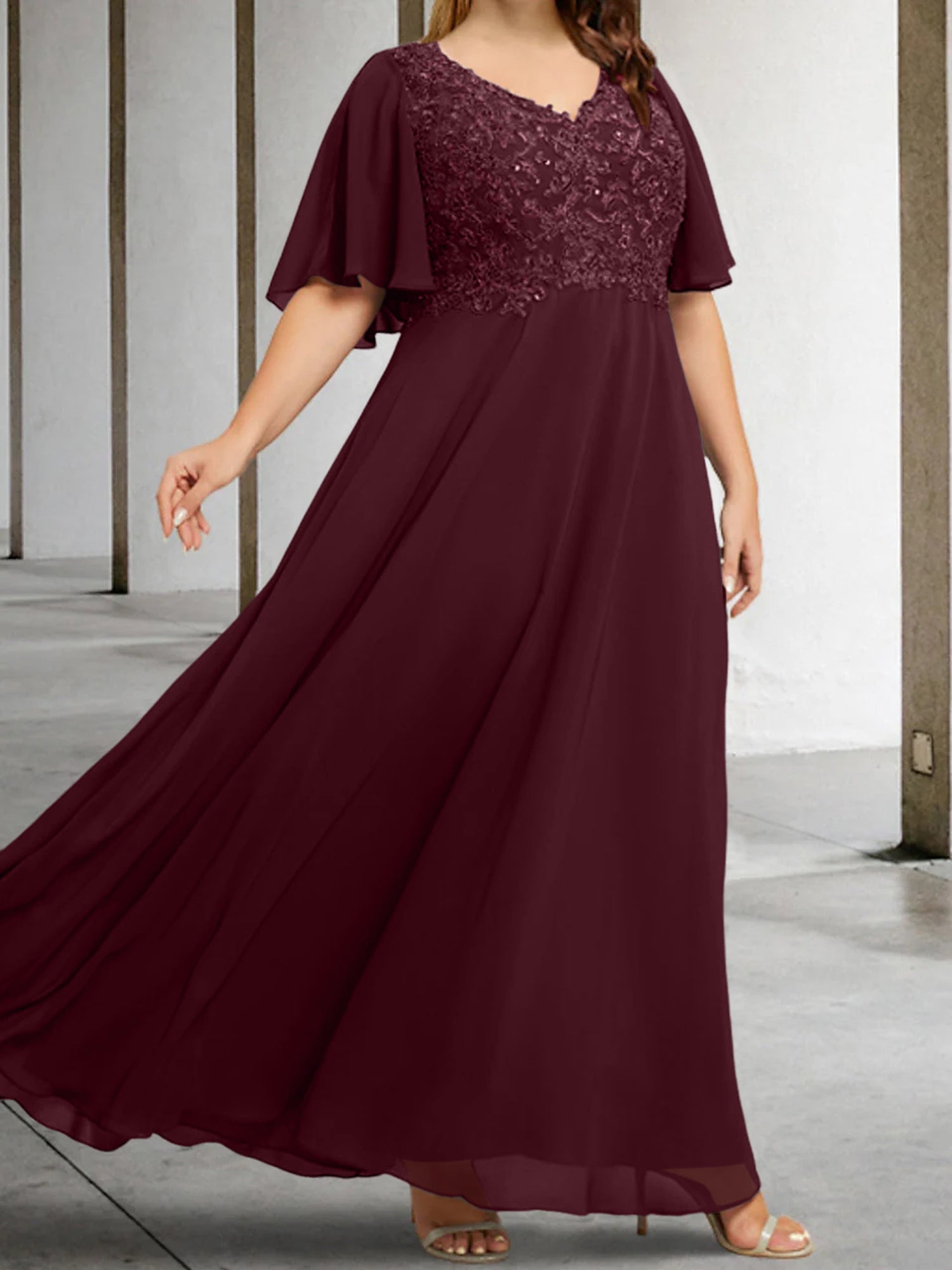 A Line Princess V Neck Half Sleeves Floor Length Mother Of The Bride Dresses With Applique