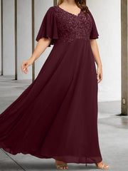 A Line Princess V Neck Half Sleeves Floor Length Mother Of The Bride Dresses With Applique