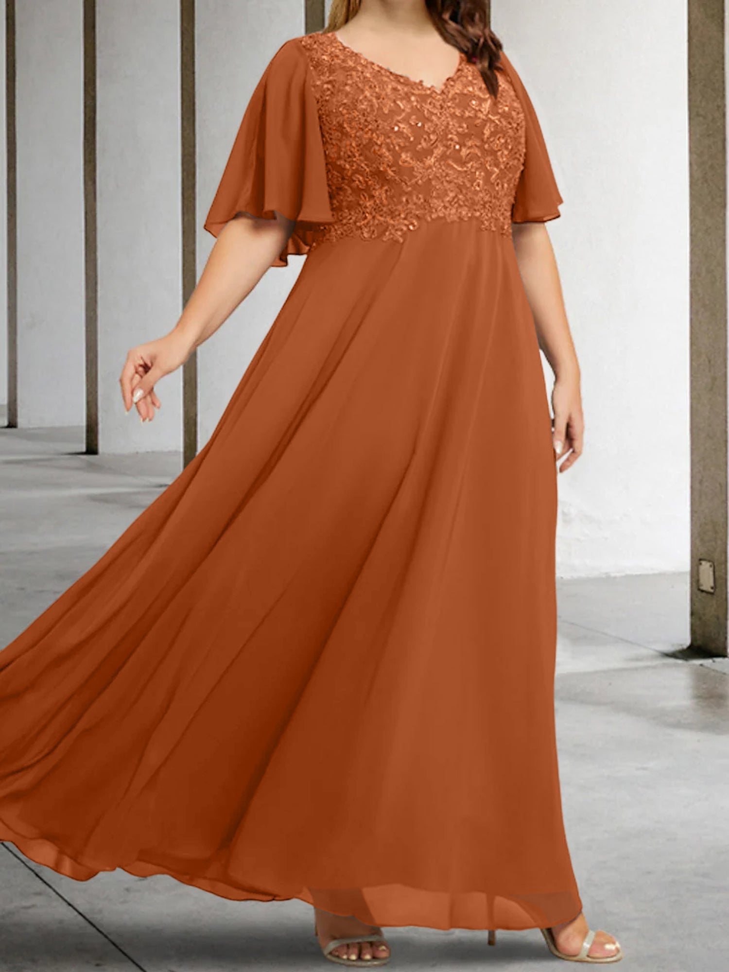 A Line Princess V Neck Half Sleeves Floor Length Mother Of The Bride Dresses With Applique