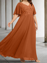 A-Line/Princess V-Neck Half Sleeves Floor-Length Mother of the Bride Dresses with Applique
