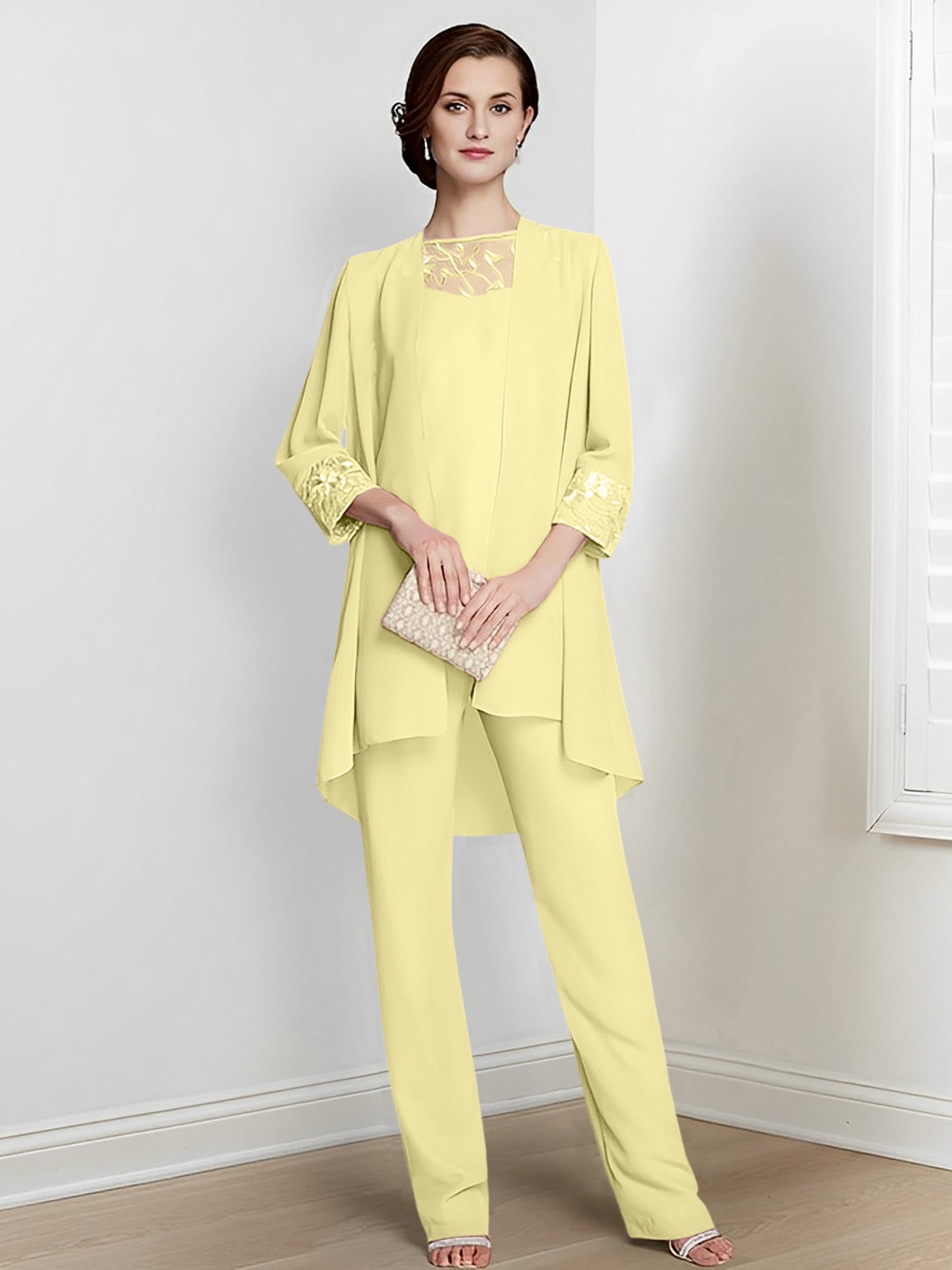 Chiffon Square Neck Long Sleeves Floor Length Mother Of The Bride Pantsuits With Jacket